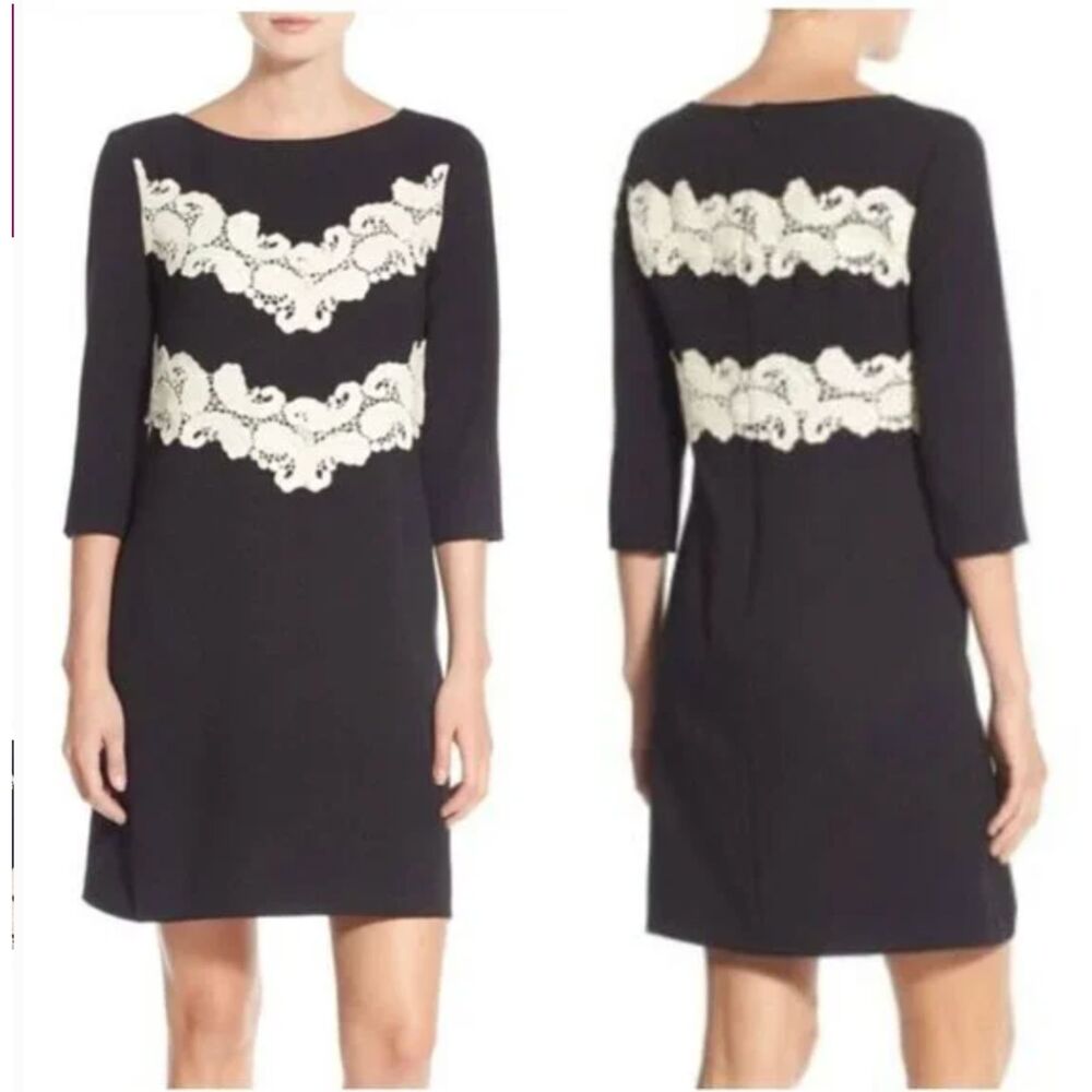 Maggy London Crepe Shift Dress Black White Lace Applique Trim LBD Size 8